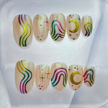 Handmade Rainbow Colorful Swirl Moon Star Celestial Press on Nails R74