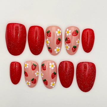 Handmade Red Glitter Strawberry Floral Fun Summer Press on Nails F36