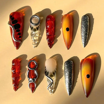 Handmade Red Orange Metallic 3D Press on Nails O34