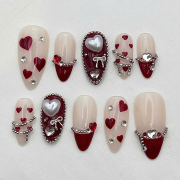 Handmade Red Silver Heart Romantic Elegant Press on Nails Z38