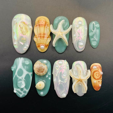 Handmade Seashell Starfish Pearl Ocean Mermaid Beach Press on Nails X56
