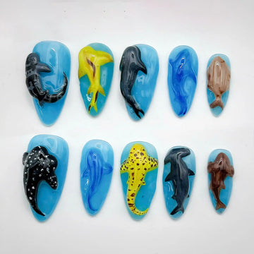 Handmade Shark Ocean Aquatic Blue Animal Press on Nails P69