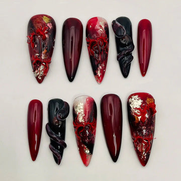 Handmade Spider Lily Dark Red Gothic 3D Unique Press on Nails T89