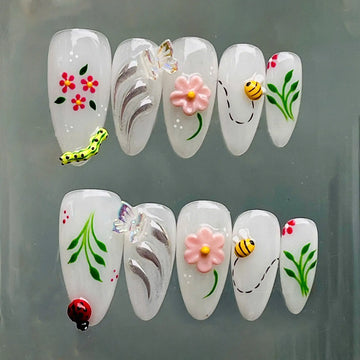Handmade Spring Garden 3D Bee Butterfly Ladybug Flower Press on Nails D37