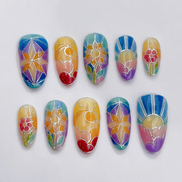 Handmade Stained Glass Floral Colorful Unique Press on Nails R86