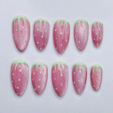 Handmade Strawberry Pink Pastel Cat Eye Drip Press on Nails U36
