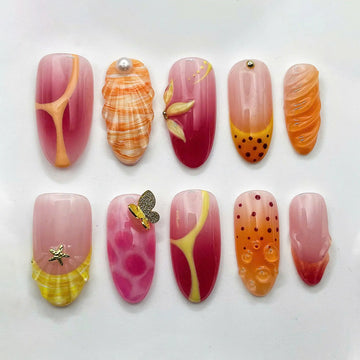 Handmade Summer Tropical Fruit 3D Pink Orange Press on Nails G76