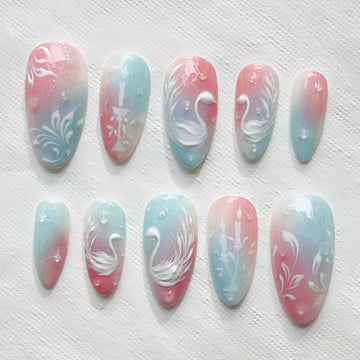Handmade Swan Lake Ballet Pink Blue Elegant Press on Nails A76