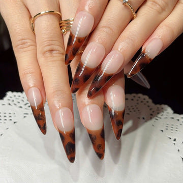 Handmade Tortoise Shell Animal Print French Tip Chic Press on Nails F25