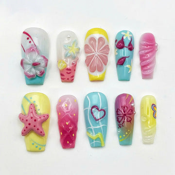 Handmade Tropical Summer 3D Flower Fruit Starfish Vibrant Press on Nails V45
