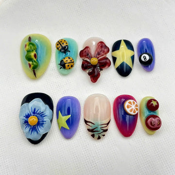 Handmade Whimsical Eclectic 3D Flower Fruit Ladybug Press on Nails S28