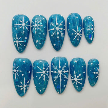 Handmade Winter Christmas Snowflake Blue Glitter Press on Nails F88