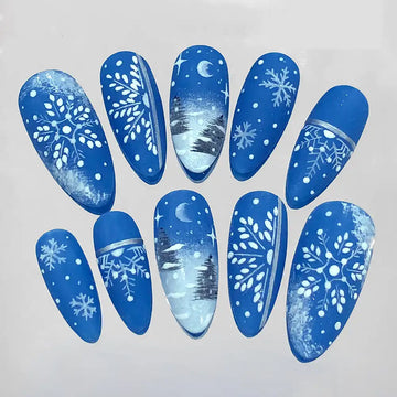 Handmade Winter Christmas Snowflake Blue Snow Festive Press on Nails G94