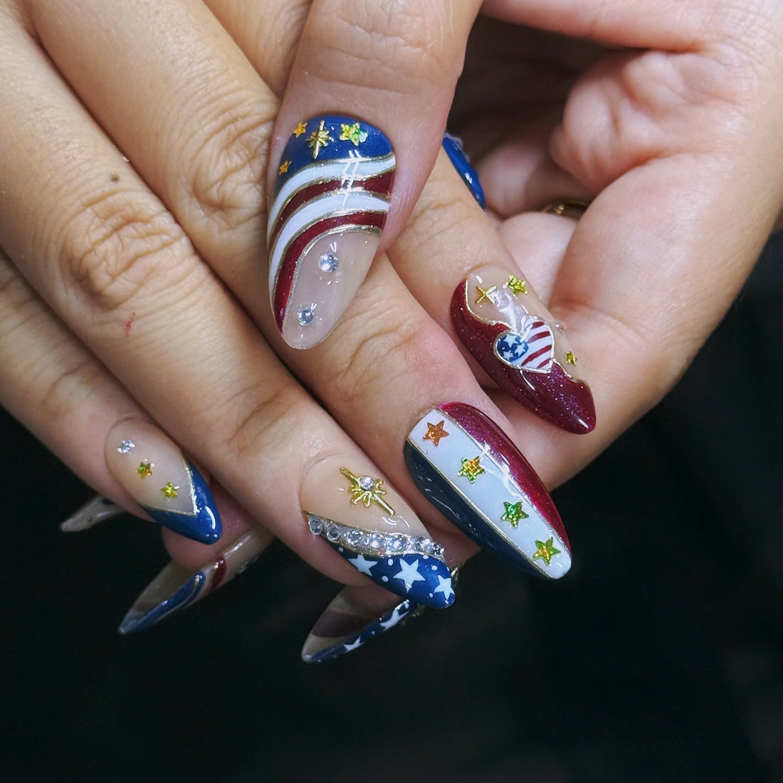 Liberty Sparkle | Handmade Patriotic USA Flag Rhinestone Star Stripe Press-On Nails