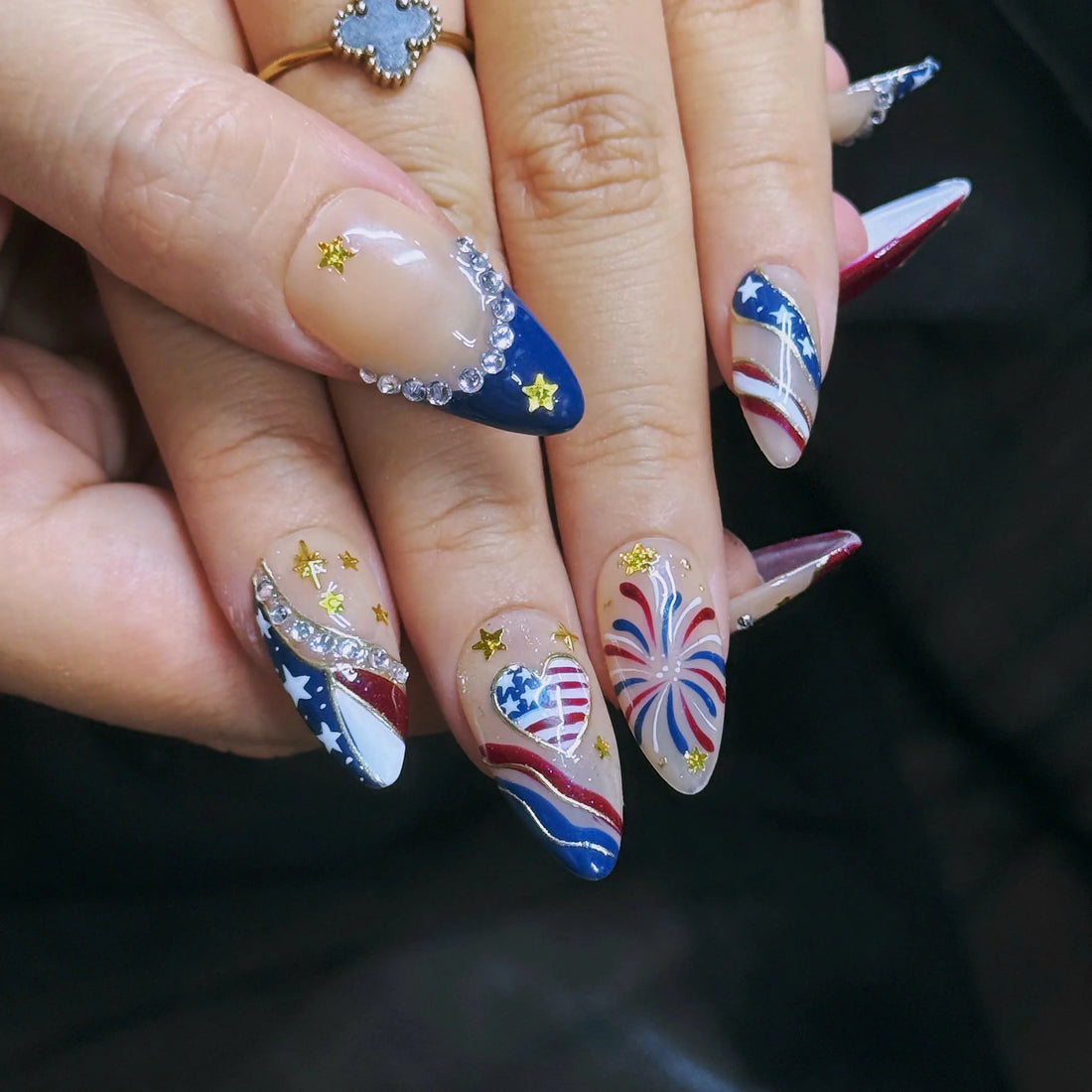 Liberty Sparkle | Handmade Patriotic USA Flag Rhinestone Star Stripe Press-On Nails