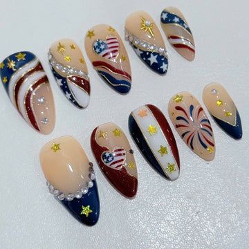 Liberty Sparkle | Handmade Patriotic USA Flag Rhinestone Star Stripe Press-On Nails