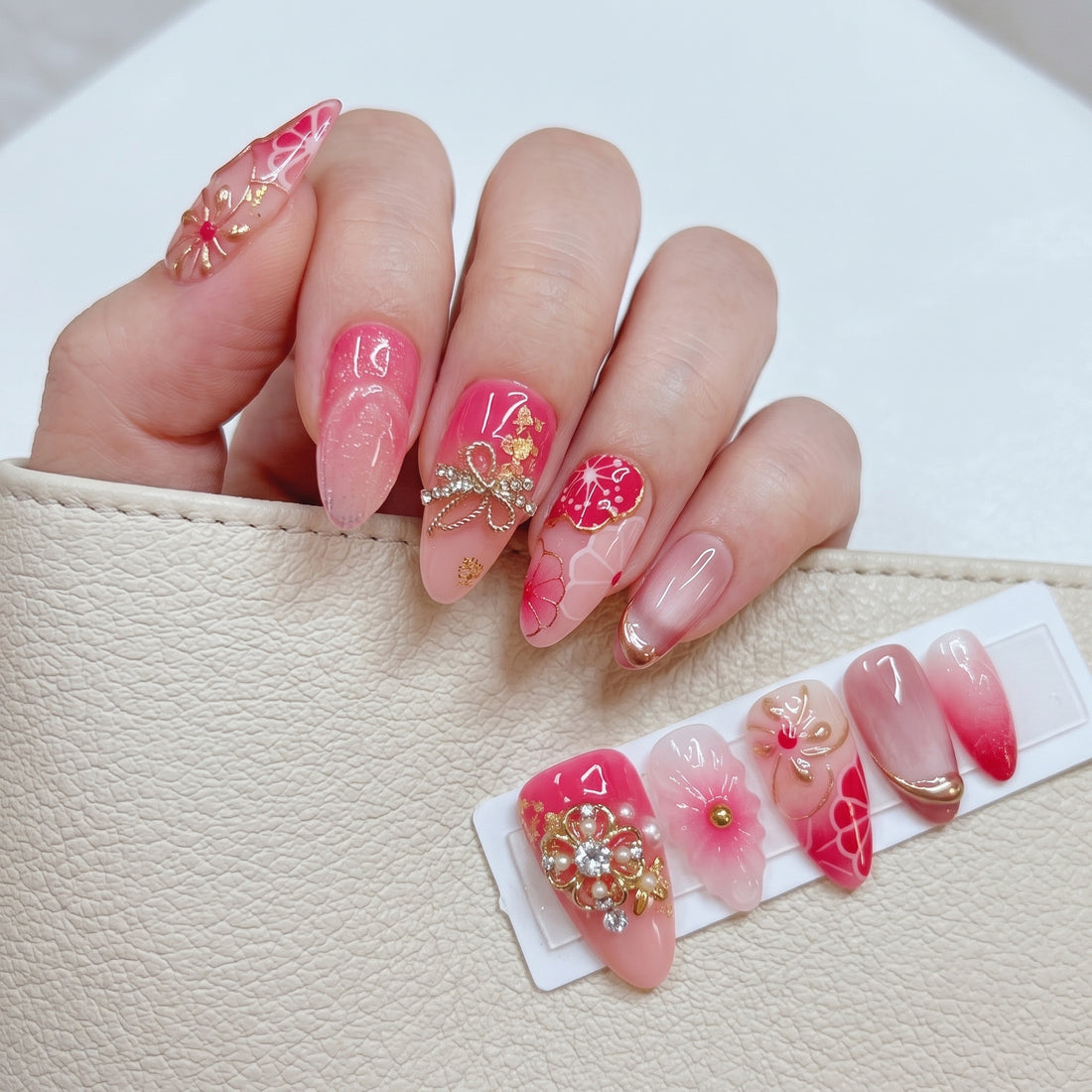 Crimson Blossom | Handmade Japanese Sakura Gold Chrome Gel Press-On Nails