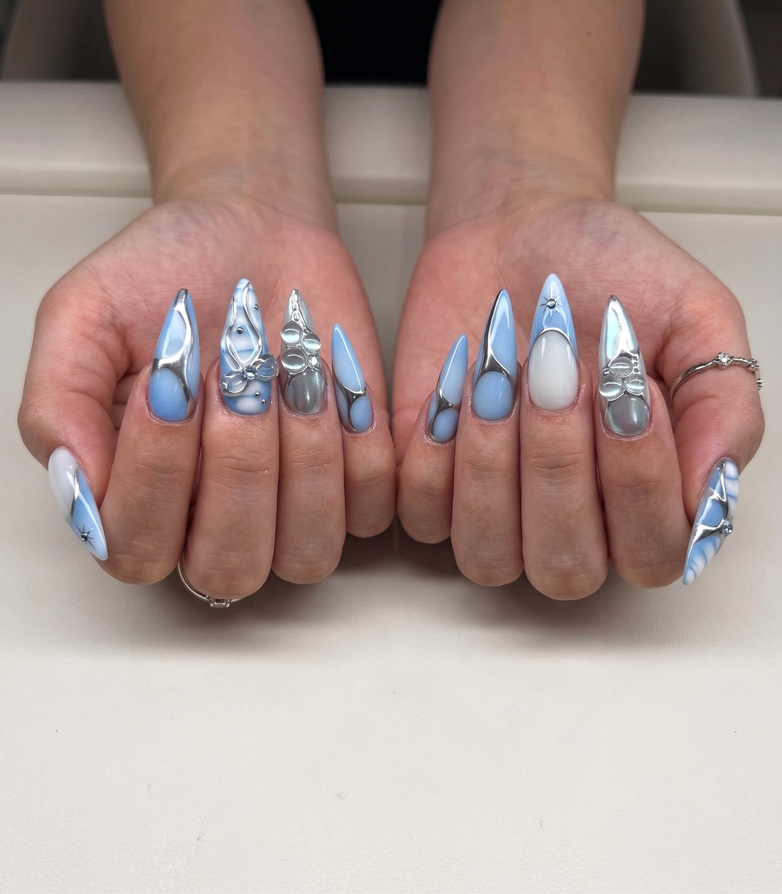 Cyber Aura | Handmade Y2K Silver Chrome Icy Blue Bow Press-On Nails