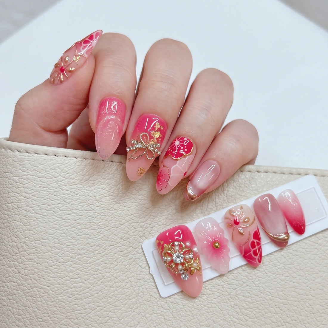 Crimson Blossom | Handmade Japanese Sakura Gold Chrome Gel Press-On Nails
