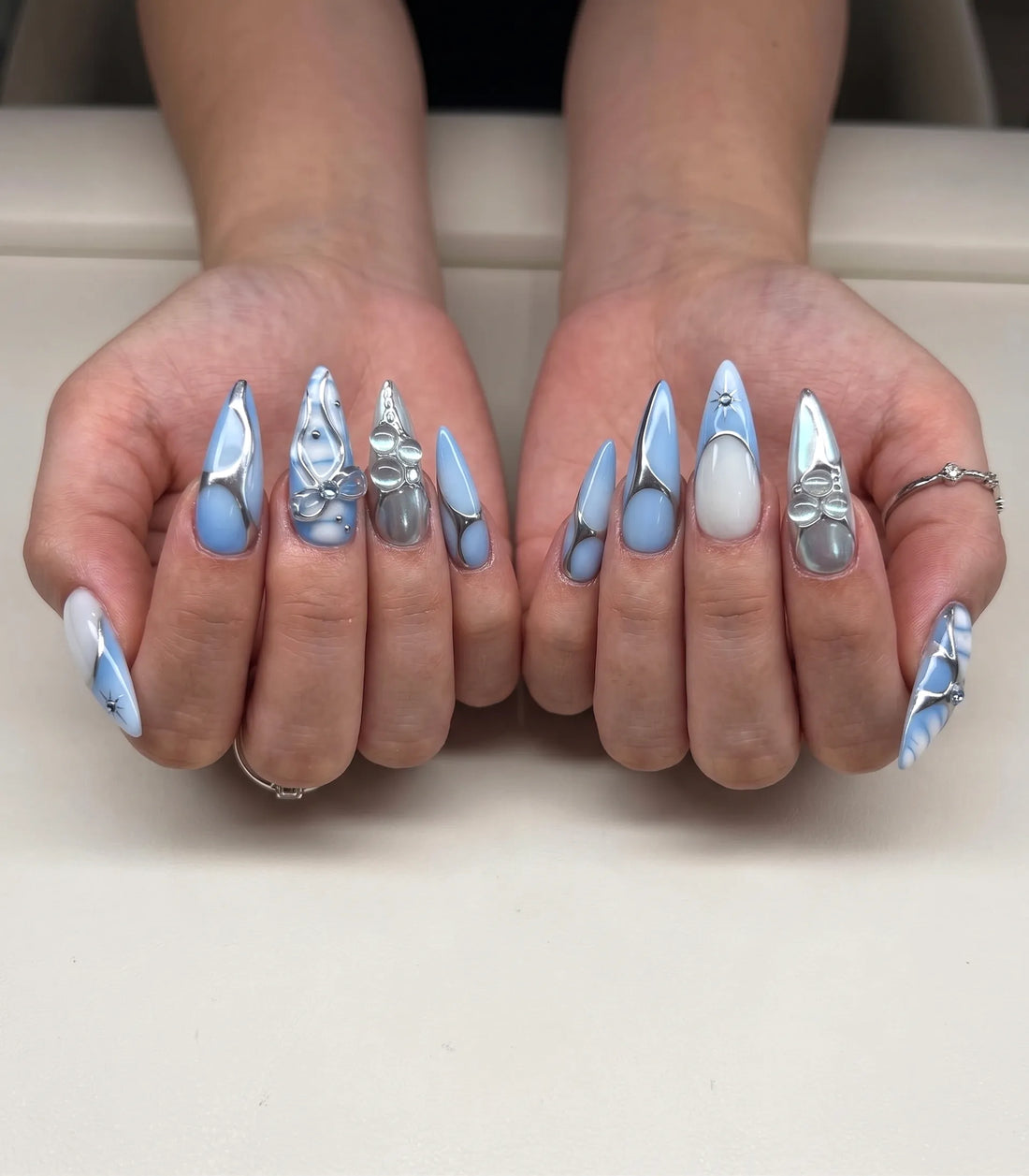 Cyber Aura | Handmade Y2K Silver Chrome Icy Blue Bow Press-On Nails