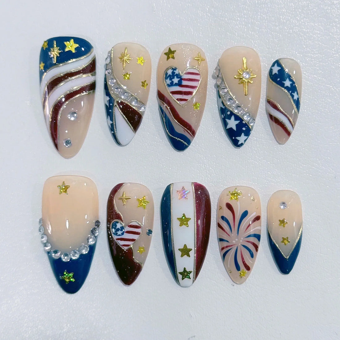Liberty Grace | Handmade Patriotic American Flag Red White Blue Press-On Nails