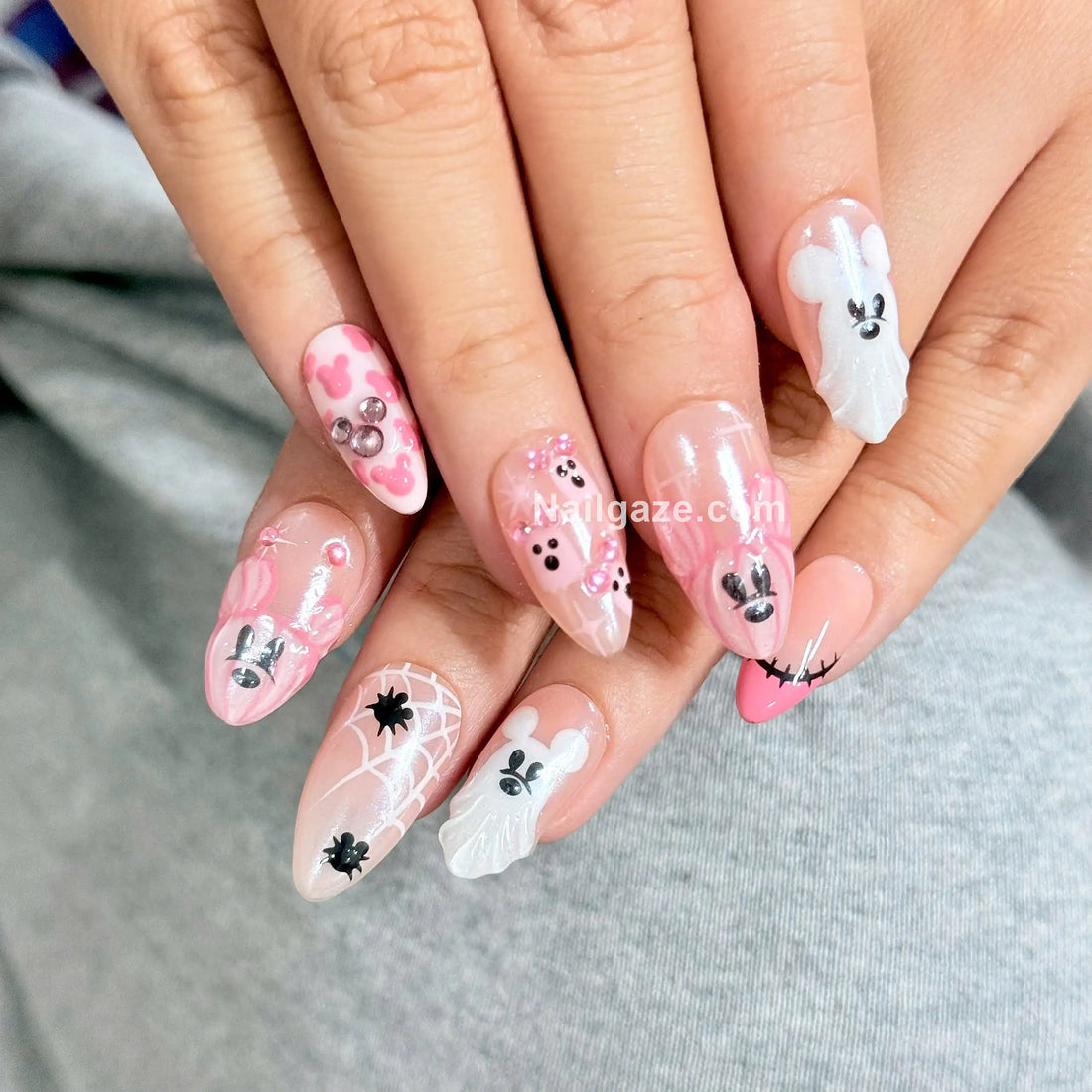 Pink Phantom | Handmade Pink Mouse Halloween Cute Ghost Spider Web Press-On Nails