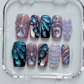 Fairy Whisper | Handmade 3D Butterfly Wing Metallic Floral Chrome Press-On Nails