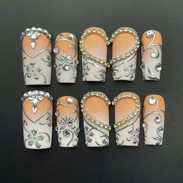 Peach Radiance | Handmade Ombre Silver Chrome Floral Rhinestone Press-On Nails