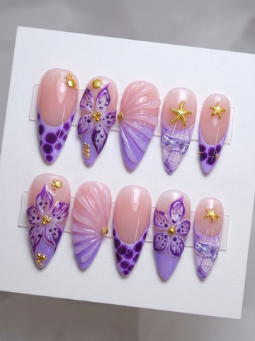 Siren Bloom | Handmade Purple Mermaid 3D Seashell Starfish Press-On Nails