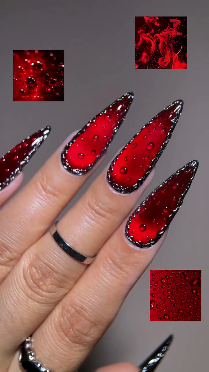Crimson Aura | Handmade Gothic Blood Red 3D Water Drop Press-On Nails