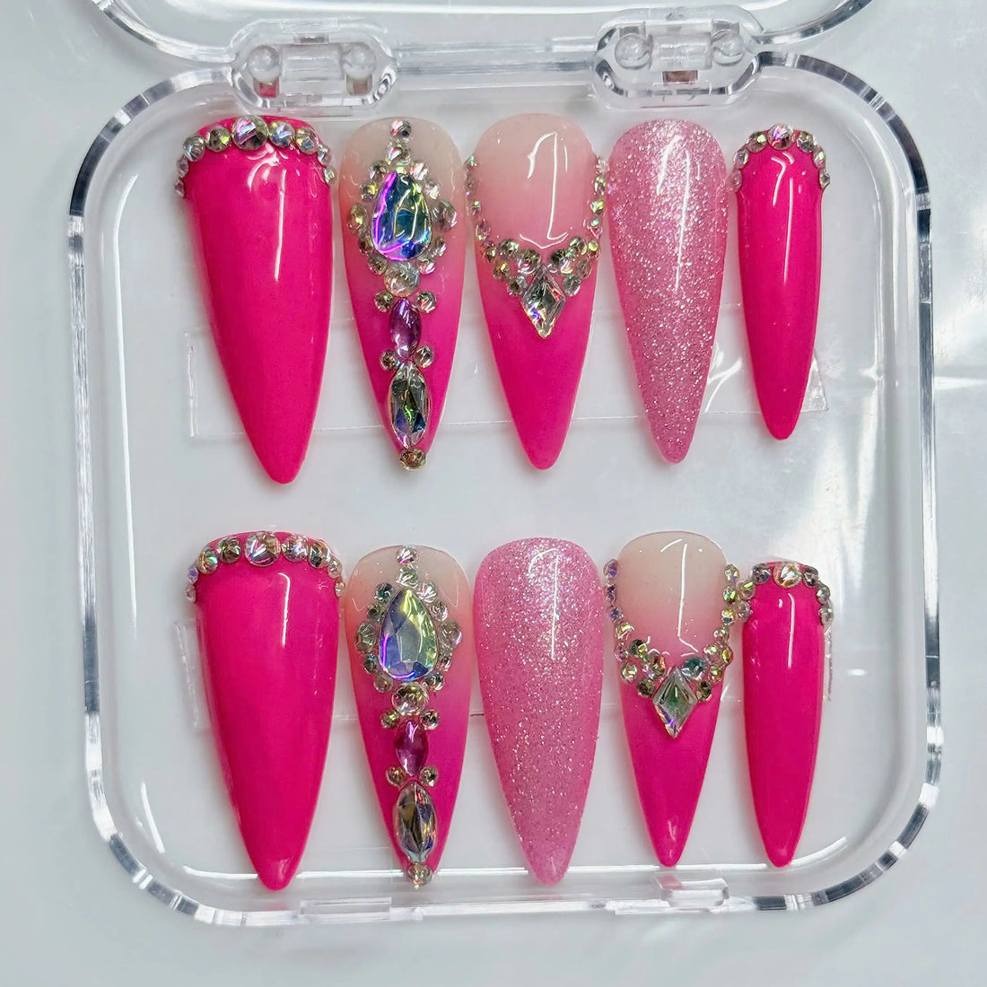 Hot Pink Bling | Handmade Hot Pink Rhinestone Luxury Y2K Ombre Press-On Nails