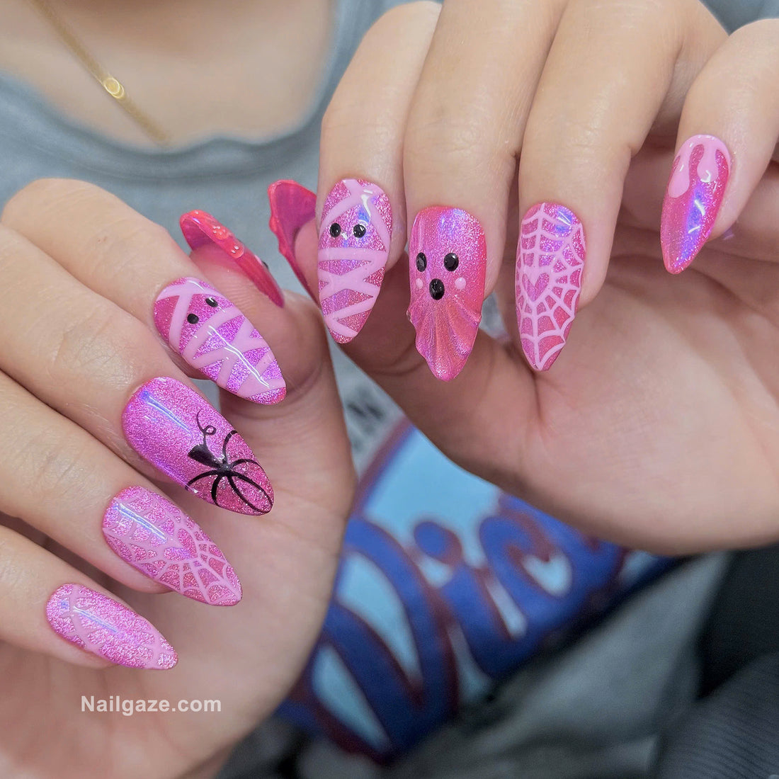 Pastel Boo | Handmade Pink Sparkle Kawaii 3D Ghost Mummy Press-On Nails