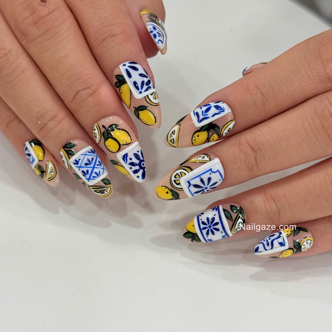Amalfi Lemon | Handmade Italian Summer Blue Majolica Tile Press-On Nails