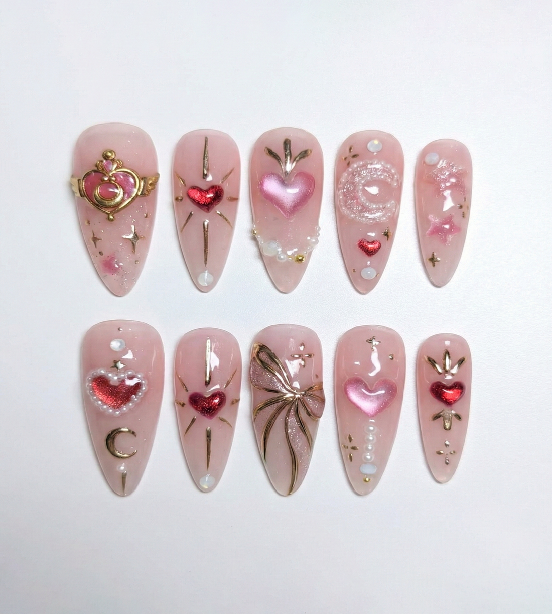 Starlight Heroine | Handmade 3D Celestial Heart Pink Magical Girl Press-On Nails