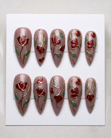 Enchanted Rose | Handmade Stained Glass Hand-Painted Floral Press-On Nails