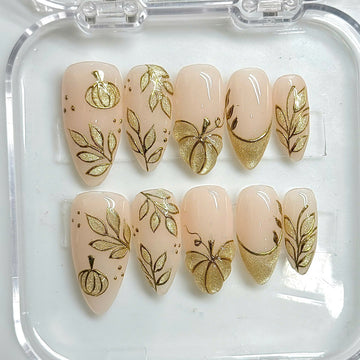 Autumn Glow | Handmade Gold Cat Eye Botanical Pumpkin Press-On Nails