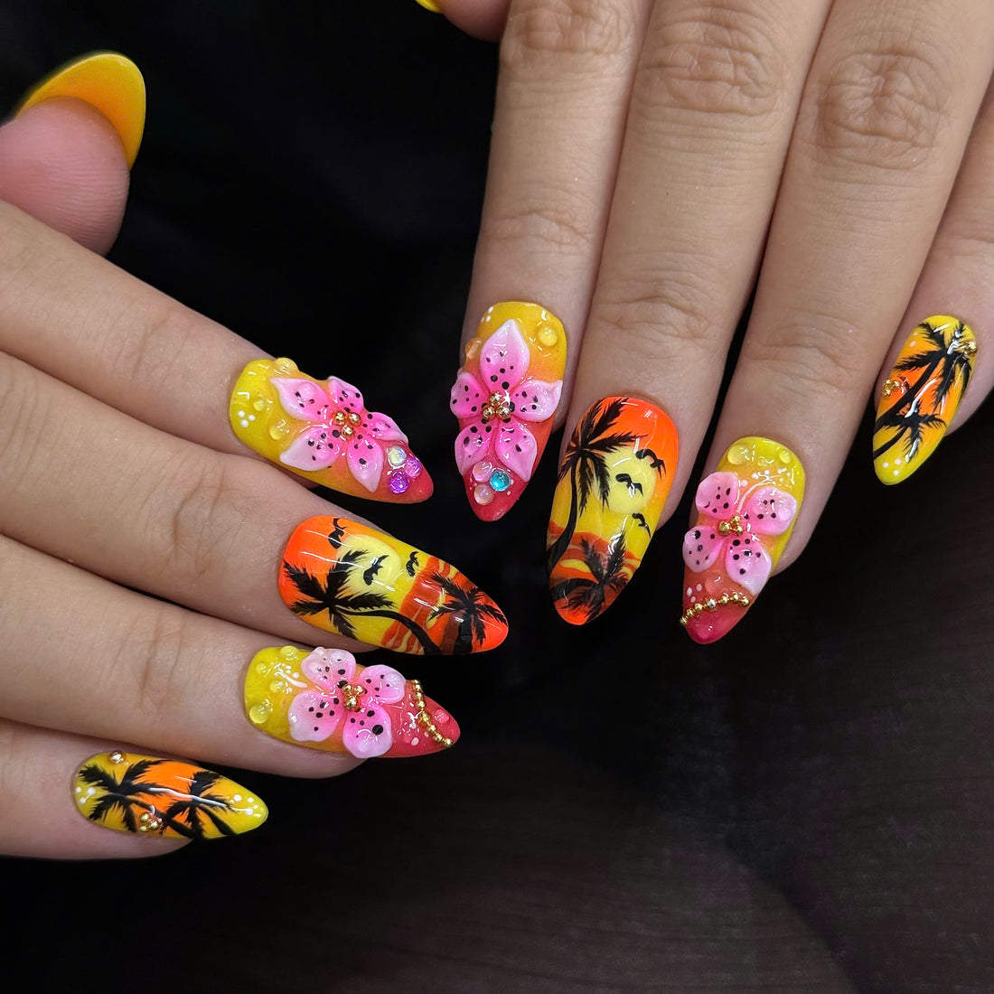 Sunset Island | Handmade Tropical Hibiscus Palm Tree Ombre Press-On Nails
