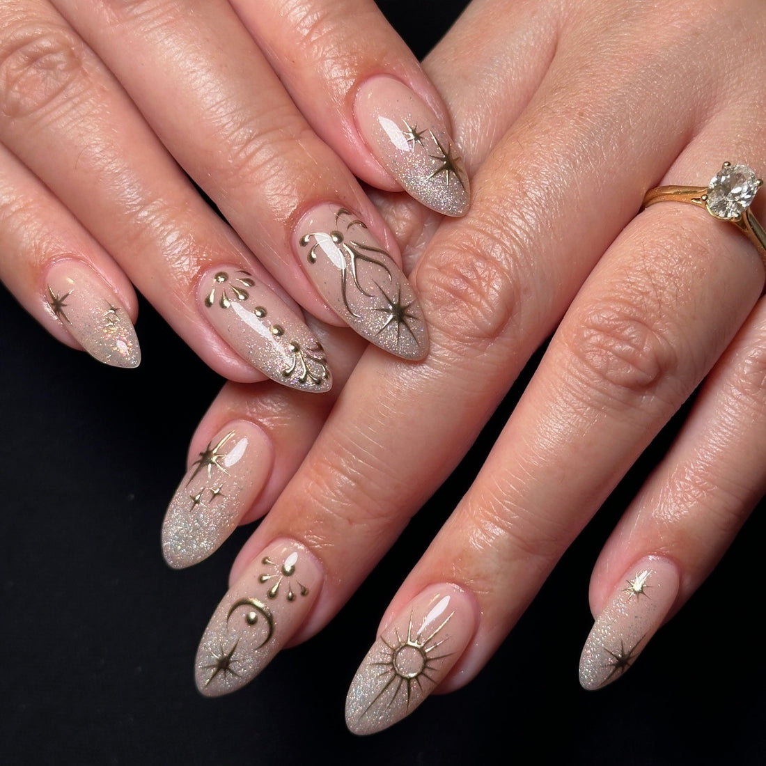 Celestial Starlight | Handmade Gold Chrome Silver Glitter Moon Press-On Nails