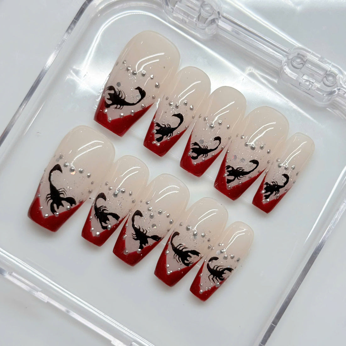 Crimson Sting | Handmade Gothic Scorpion Red V-French Glitter Press-On Nails