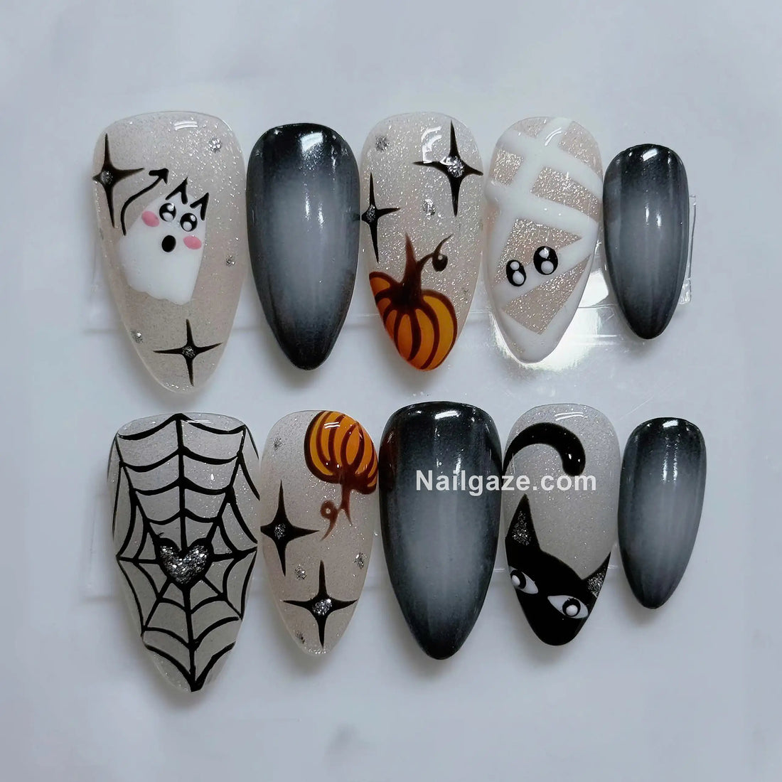 Spooky Mummy | Handmade Cute Halloween Black Cat Mummy Press-On Nails