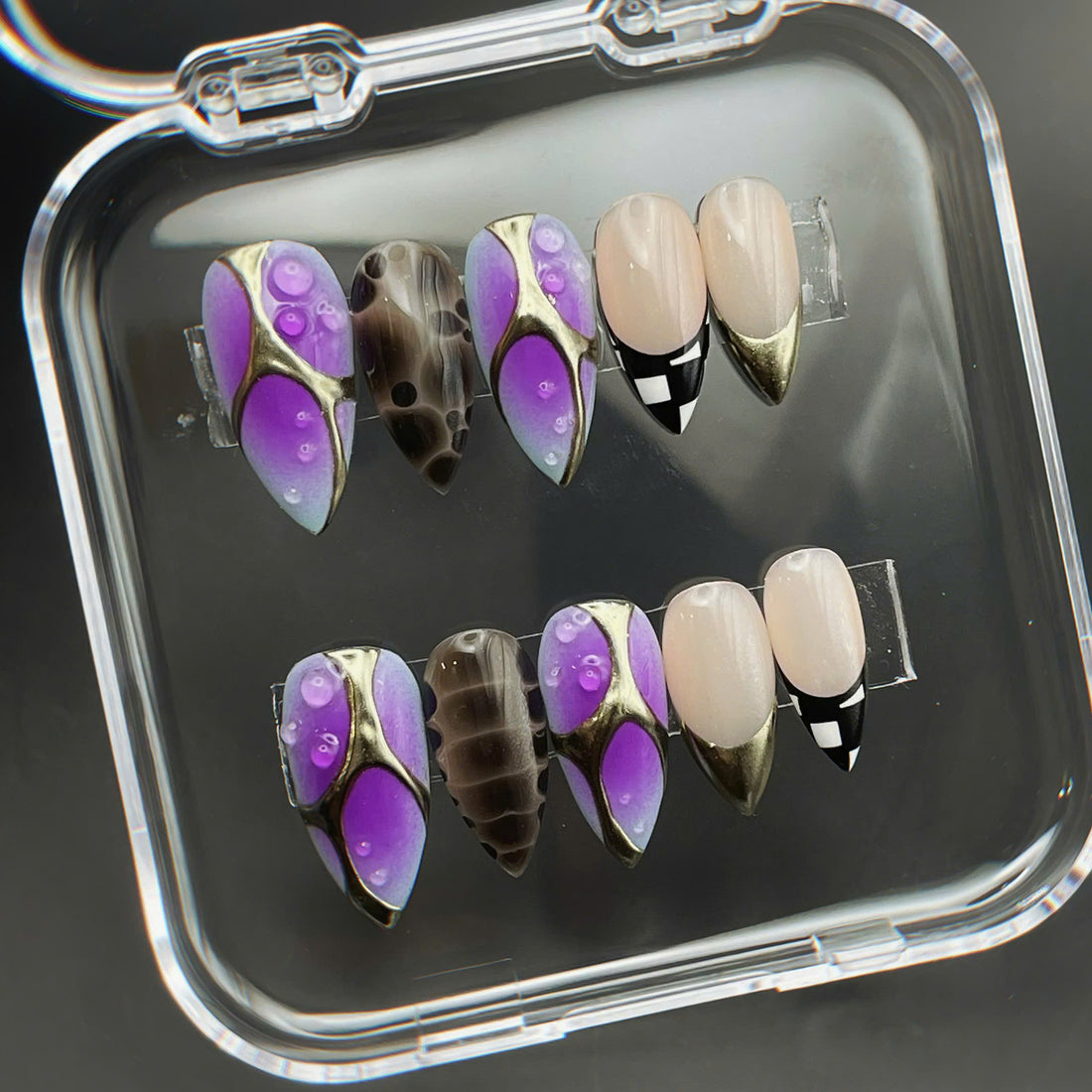 Violet Haze | Handmade Purple Aura Abstract Checkered Gel Press-On Nails
