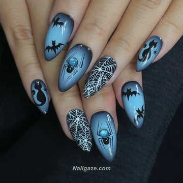 Midnight Web | Handmade Spooky Blue Black Ombre Bat Cat Press-On Nails