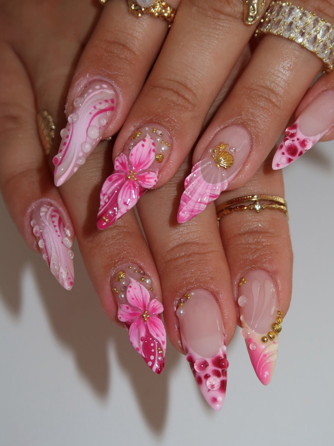 Mermaid Coral | Handmade 3D Seashell Pink Tropical Floral Press-On Nails