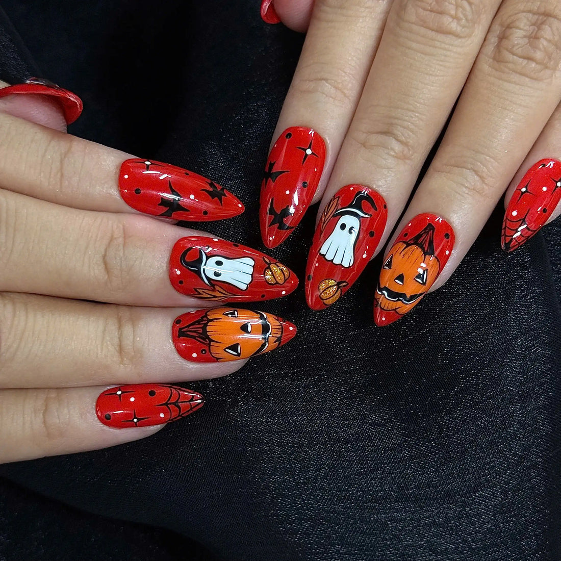 Crimson Haunt | Handmade Halloween Red Spooky Ghost Pumpkin Press-On Nails