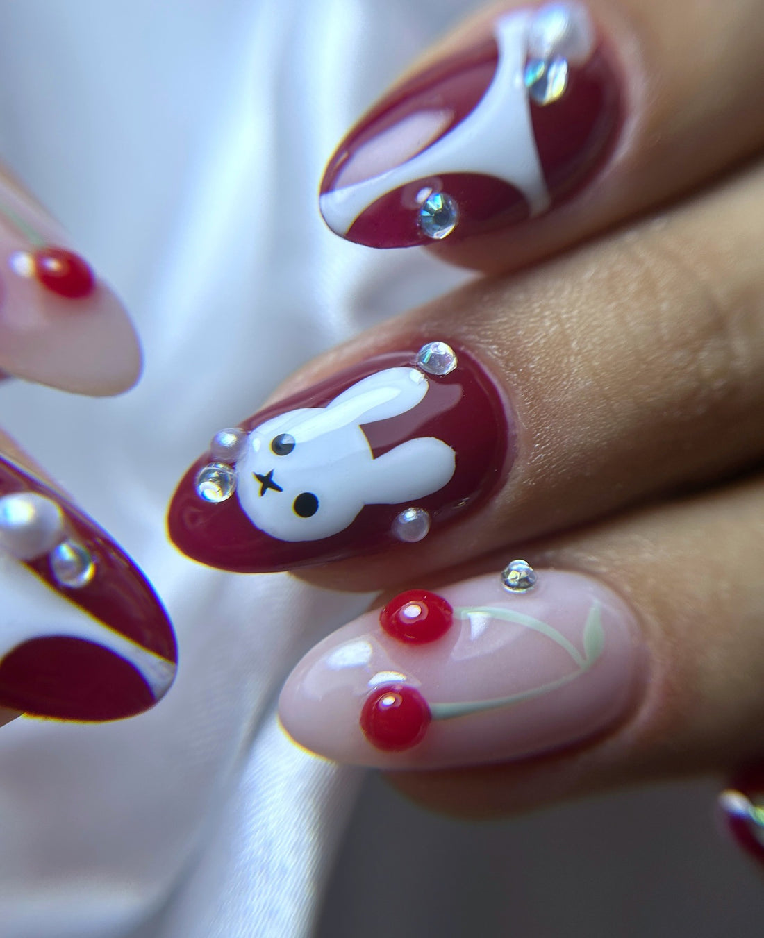 Coquette Bunny | Handmade Red 3D Pearl Heart Cherry Bow Press-On Nails