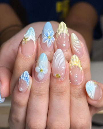 Sunny Blossom | Handmade 3D Blue Yellow Summer Floral Press-On Nails