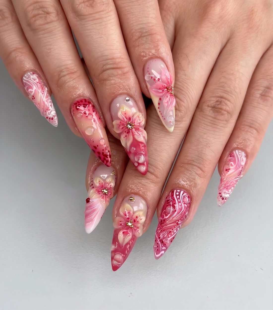 Dewy Petals | Handmade Pink Tropical Floral Water Droplet Press-On Nails