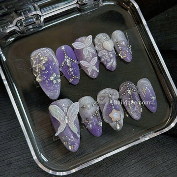 Fairy Glam | Handmade Purple Fairycore 3D Butterfly Rhinestone Press-On Nails