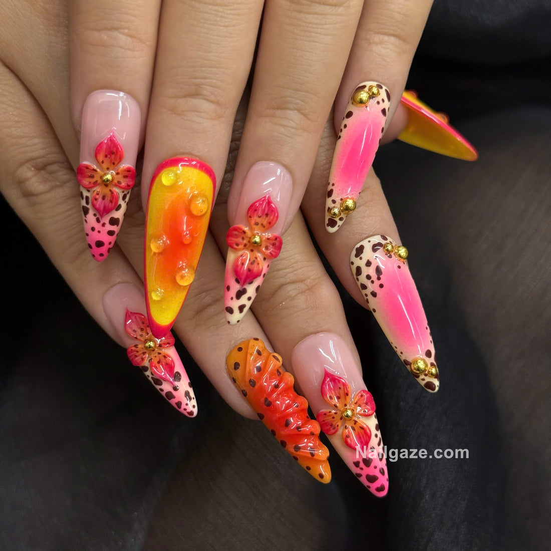 Sunset Safari | Handmade Tropical Neon Ombre 3D Cheetah Press-On Nails