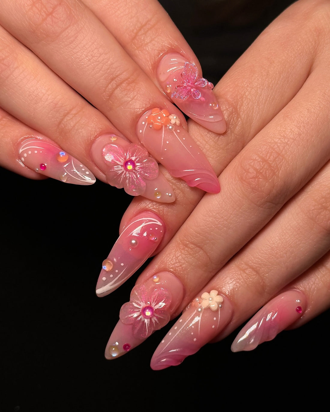 Fairy Jelly | Handmade Pink 3D Floral Pearl Reusable Press-On Nails